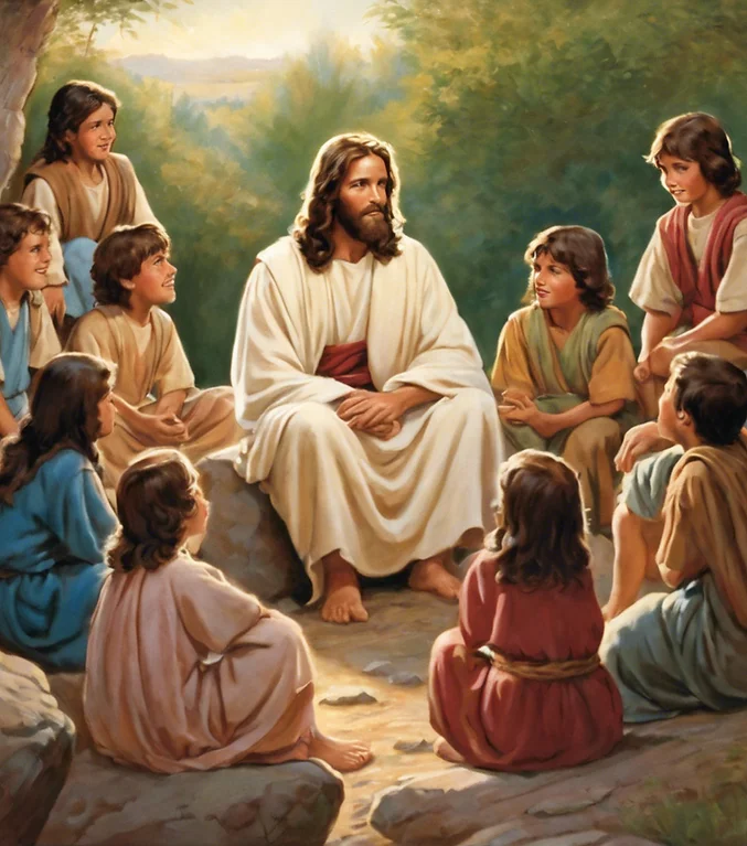 An image of Jesus sitting on a rock and speaking with several children