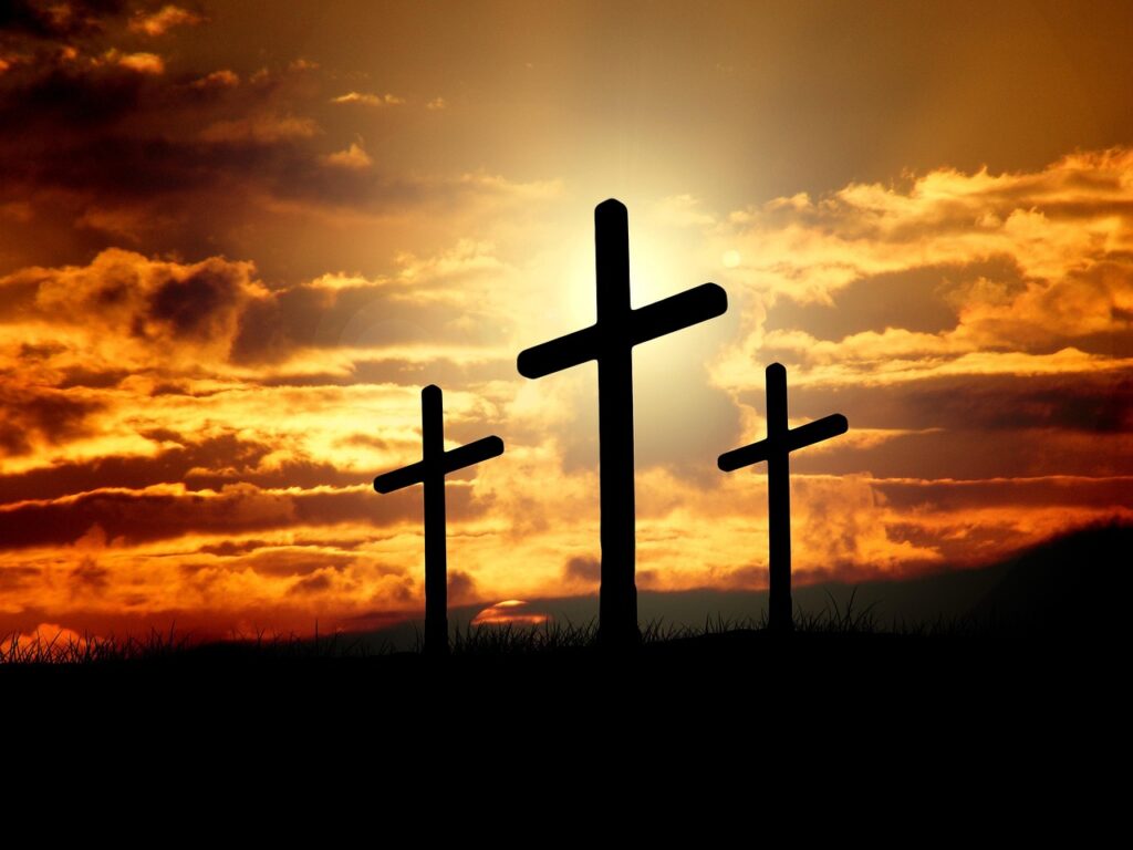 crosses, sunset, silhouettes, dusk, dawn, twilight, clouds, sky, sunrise, hill, crucifixion, resurrection, christianity, christ, faith, god, nature, jesus, easter, religion